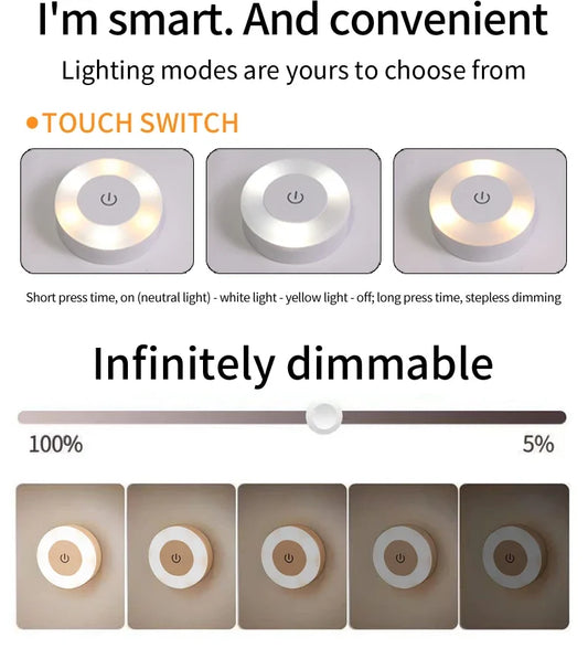 Wireless Led Book Light 6cm Rechargeable Wall Lamp with Touch Switch Night Light 3-Colors Dimmable Portable for Bedroom Reading