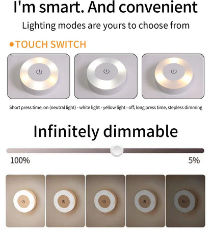 Wireless Led Book Light 6cm Rechargeable Wall Lamp with Touch Switch Night Light 3-Colors Dimmable Portable for Bedroom Reading