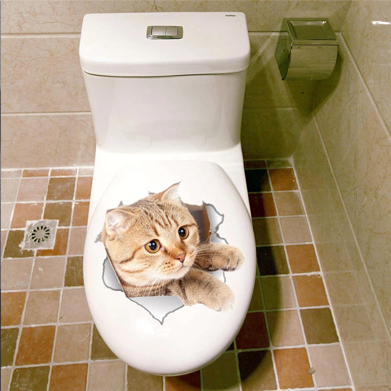 Funny 3D Hole Cat & Dog Toilet Stickers – Cute DIY Wall Decals for Bathroom & Home Decoration