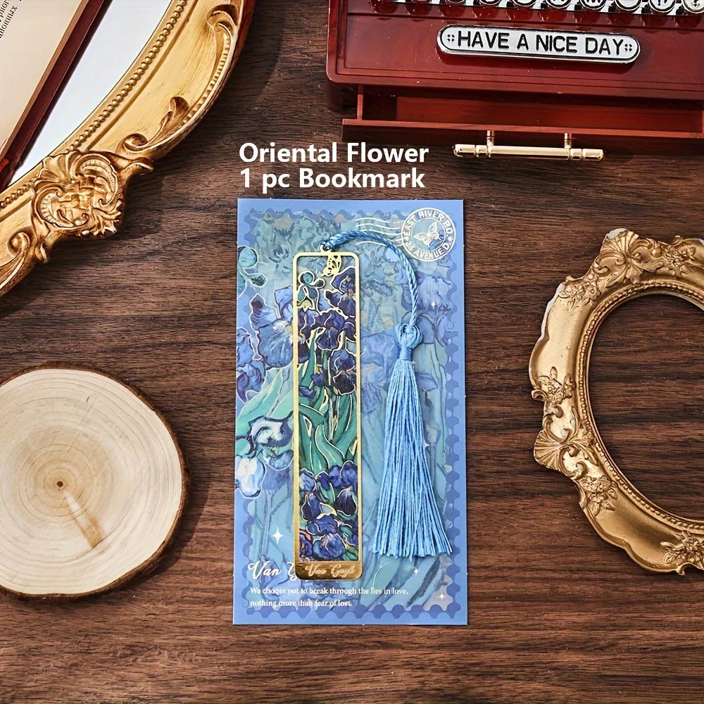 Vintage Oil Painting Metal Bookmarks – Hollow Hot Stamping Tassel Bookmarks for Book Lovers