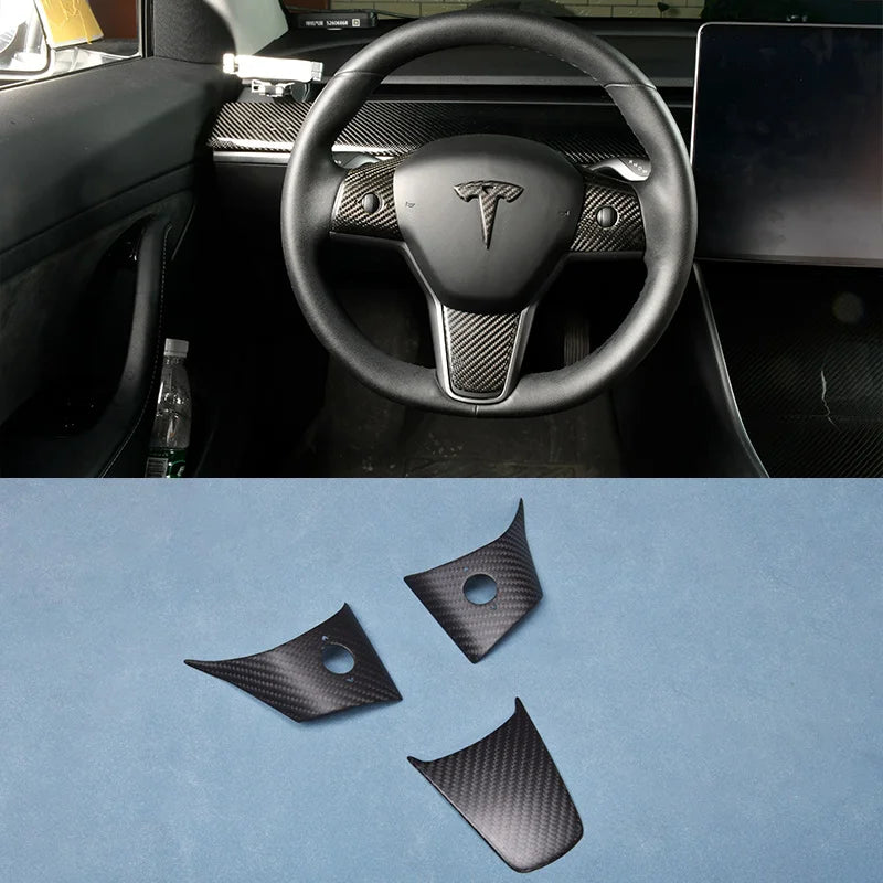 Real Dry Carbon Fiber Car Steering Wheel Cover Kit for Tesla 2016-2022 Model 3 Model Y Auto Exterior Accessories