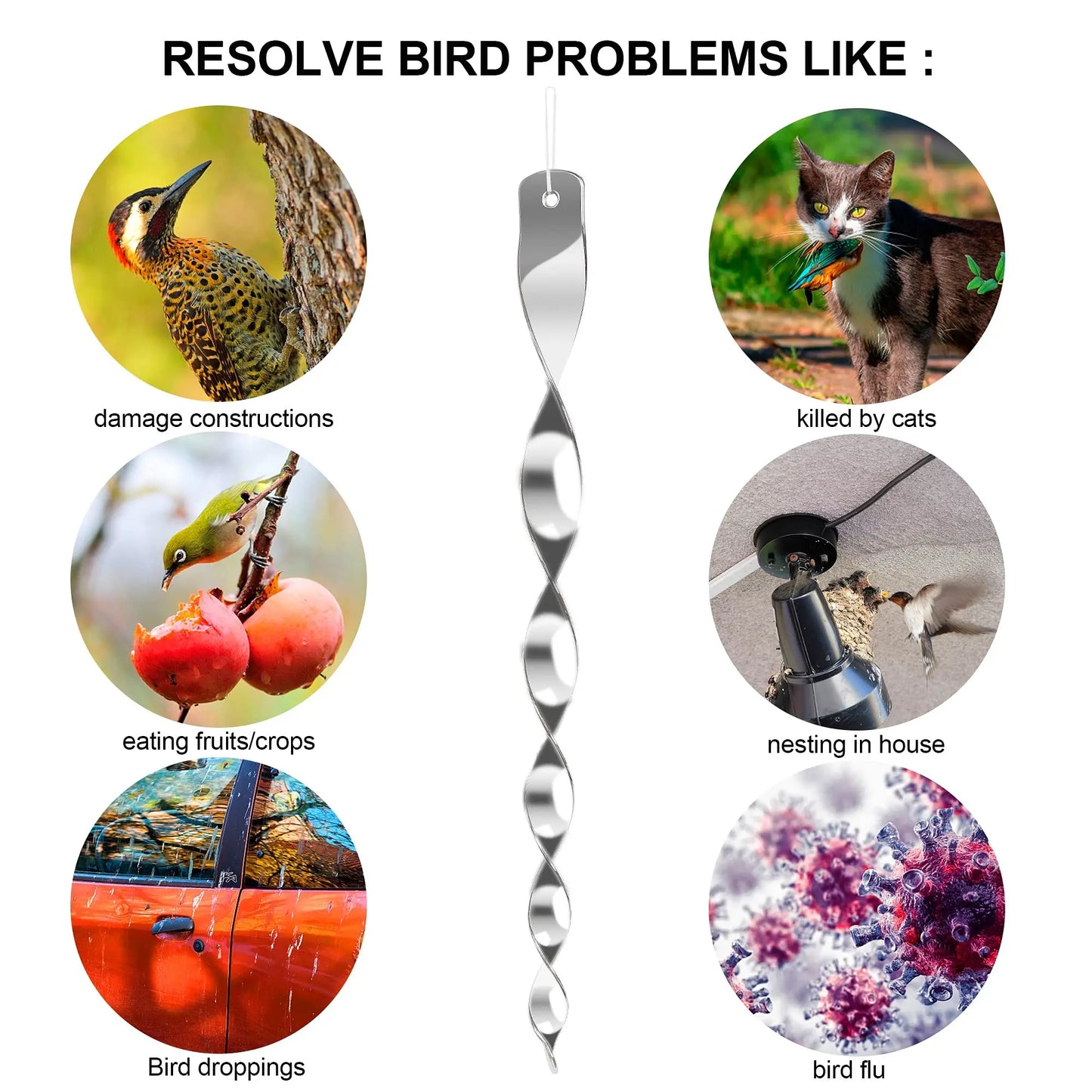 12Pcs Birds Repellent Reflective Rods Silver Spinner Bird Deterrent Device Hanging Ornament for Outdoor Garden Decor Supplies 12
