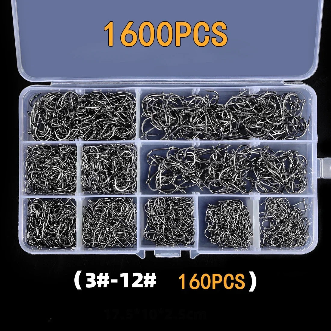 High-Carbon Steel Fishing Hooks Set – 50 to 1600pcs Barbed Circle Hooks in Tackle Box (Sizes 3#–12#)