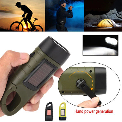 Portable LED Flashlight Tent Light – Hand Crank Dynamo & Solar Powered Torch for Camping, Hiking, and Emergency Use