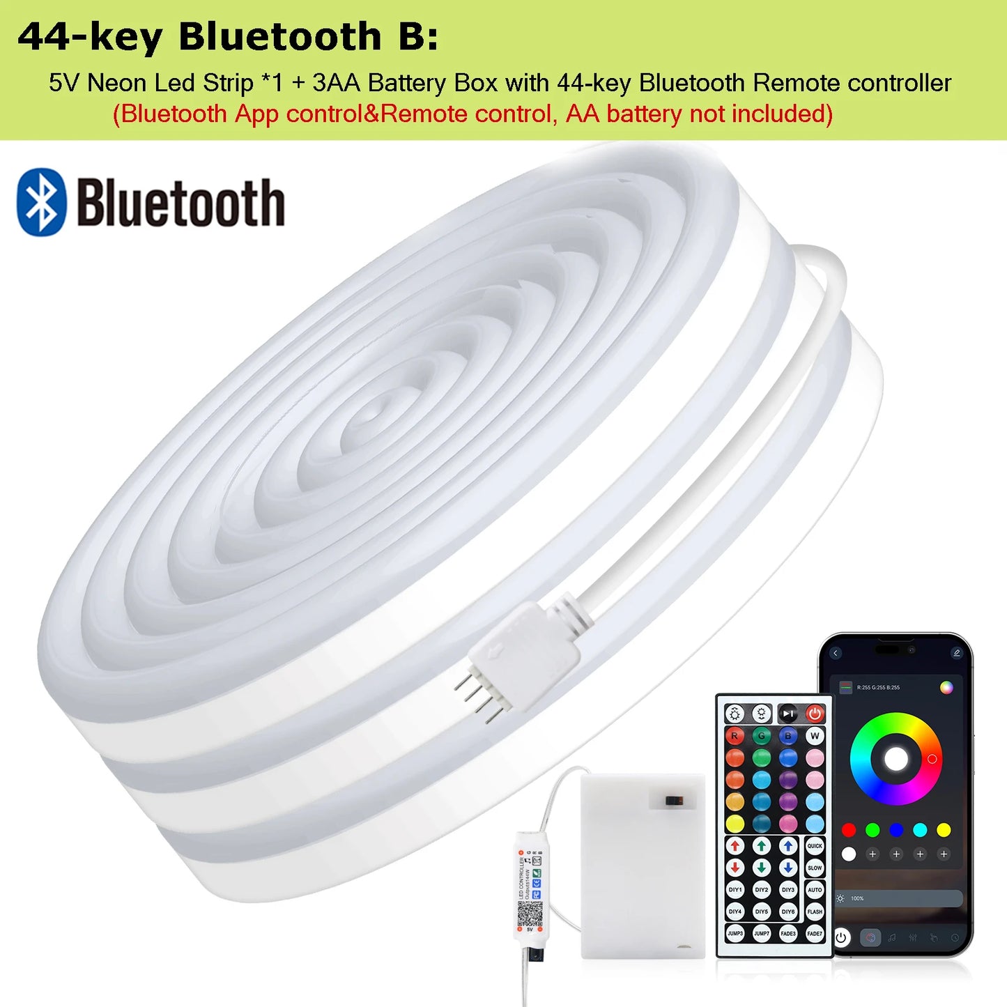 3AA Battery Box RGB Neon LED Strip Light – 5V 108 LEDs/M Waterproof Flexible Neon Strip with Bluetooth & Remote Control