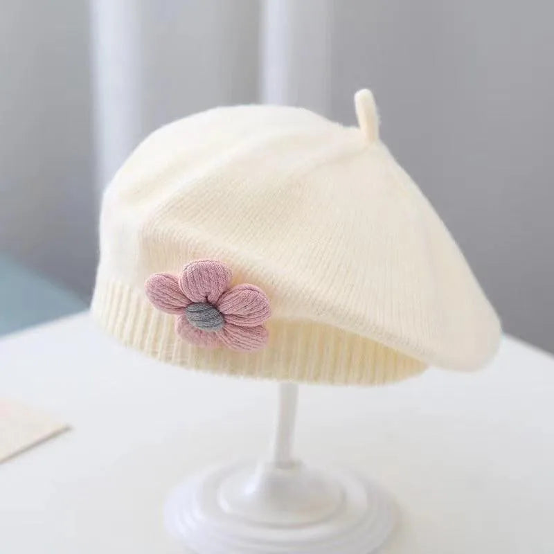 Flower Baby Beret Hat – Winter Warm Knitted Beanie Cap for Infant Girls
