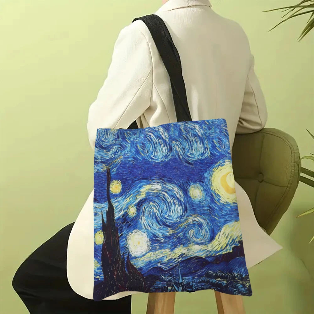 Van Gogh Series Linen Bag – Lightweight Reusable Tote with Starry Night & Sunflower Prints
