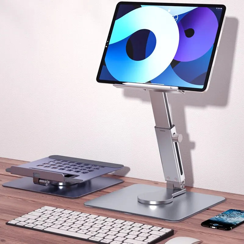 Aluminum Tablet Stand – 360° Rotating Foldable Adjustable Desk Holder for iPad Pro, Air 4, Mini, Xiaomi Tab (4–14 Inch)