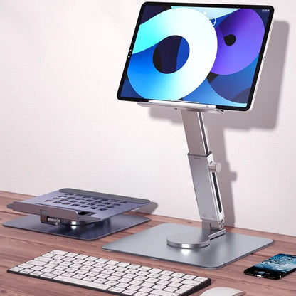 Aluminum Tablet Stand – 360° Rotating Foldable Adjustable Desk Holder for iPad Pro, Air 4, Mini, Xiaomi Tab (4–14 Inch)