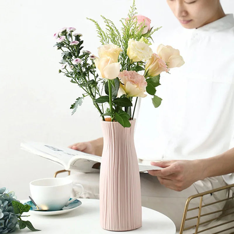 White Imitation Ceramic Plastic Vase – Nordic Decorative Flower Pot for Home, Wedding, or Table Centerpiece