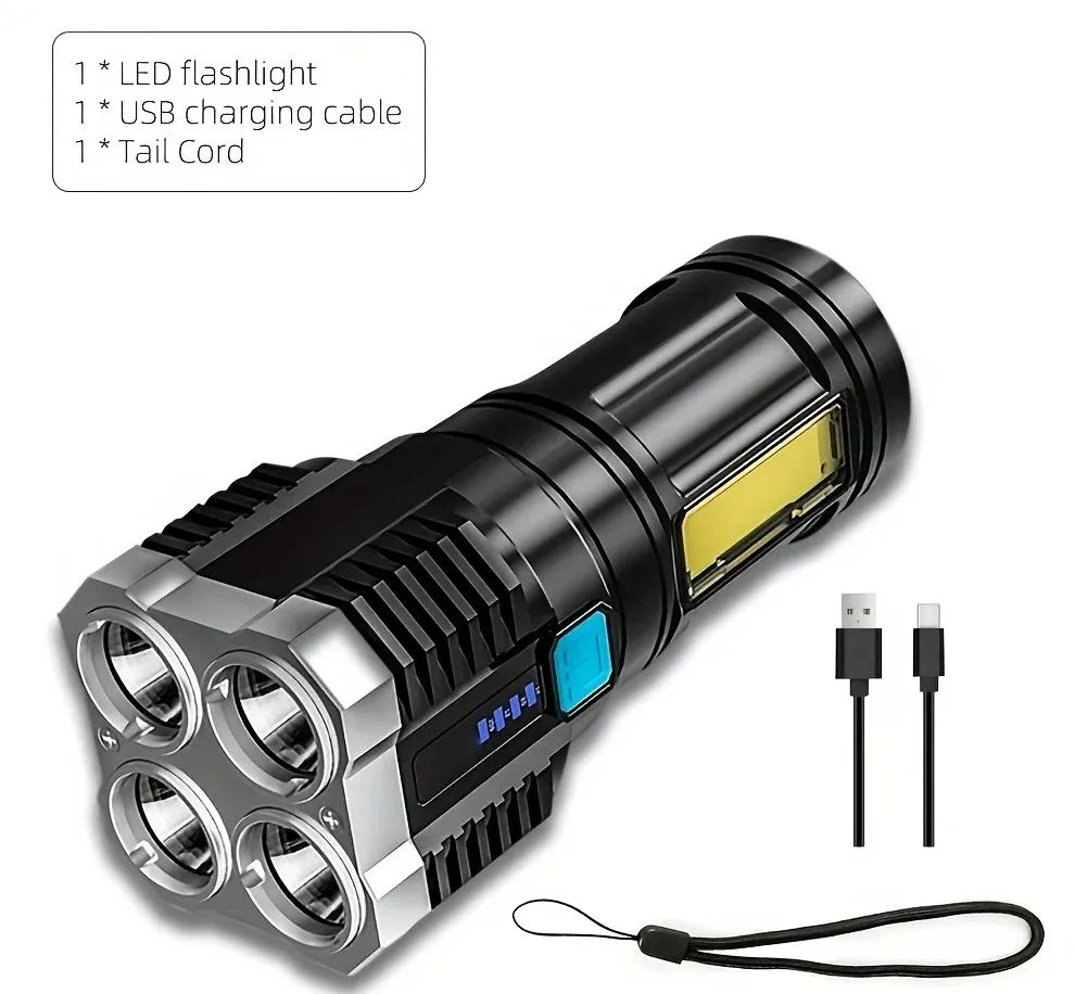 Portable Powerful 4 LED Flashlight With COB Side Light 4 Modes USB Rechargeable Torch Camping Tool Searchlight for Outdoor