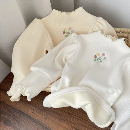 Baby Girls Winter Thickened Sweater – Warm Puff Sleeve Embroidered Top for Kids 1-6 Years