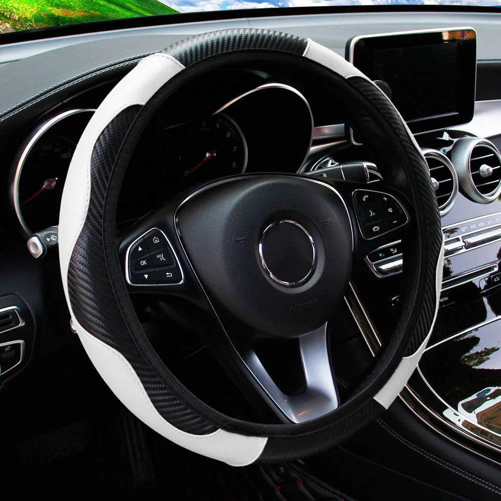 PU Carbon Fiber Leather Steering Wheel Cover – Fits 14.5–15 Inch Cars, Durable Automotive Accessory