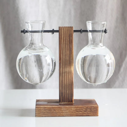 Glass Planter Bulb Vase with Wooden Stand – Desktop Hydroponic Plant Holder for Home & Office