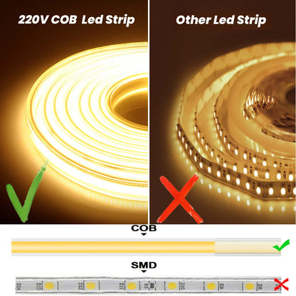 220V High Brightness COB LED Strip Lights IP65 Waterproof Flexible Ribbon for Indoor & Outdoor Garden Lighting