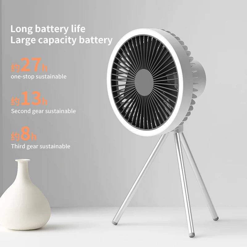 10000mAh Rechargeable Camping Fan – Ceiling & Desk Fan with LED Light and Power Bank Function