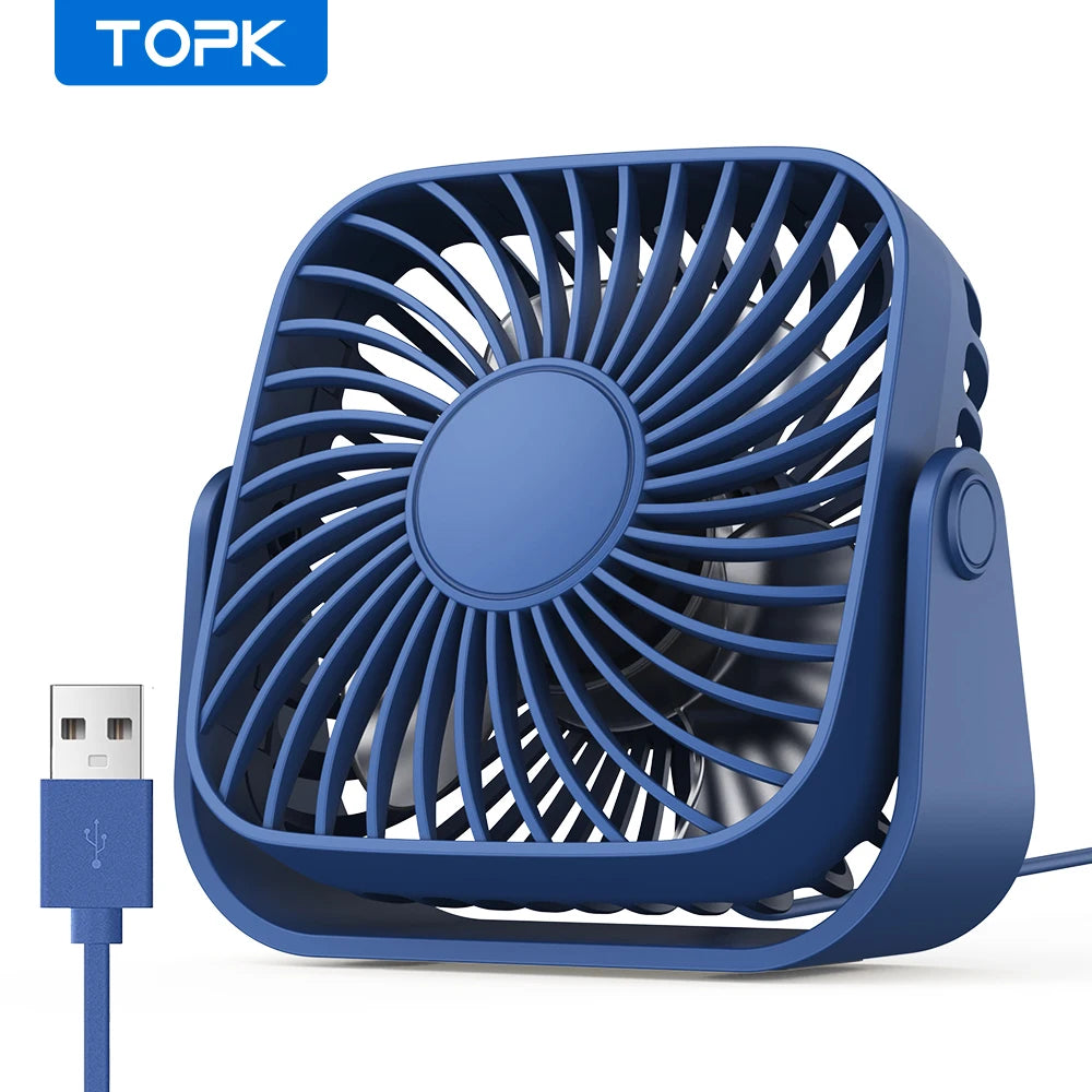TOPK 4-Inch Mini USB Desk Fan – Quiet 3-Speed Portable Personal Fan for Camping & Home