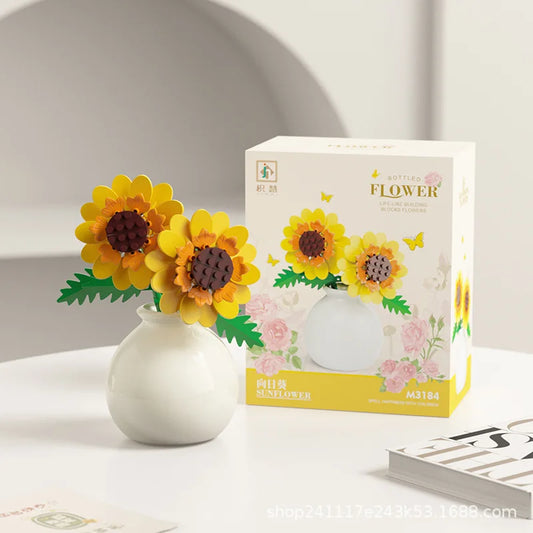 Flower Building Block Set with Pot – DIY Bouquet Kit with Roses, Lilies & Decorative Display Vase