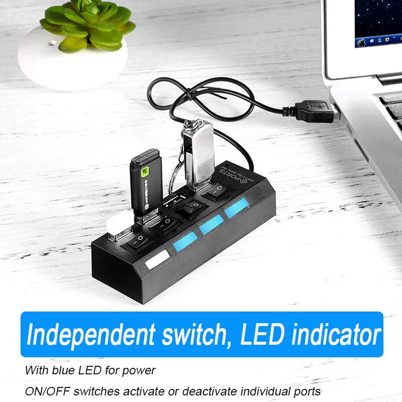 Multi USB Splitter Hub 2.0 – 4/7 Port High-Speed USB Expander with LED Switch for PC & Laptop Data Transfer