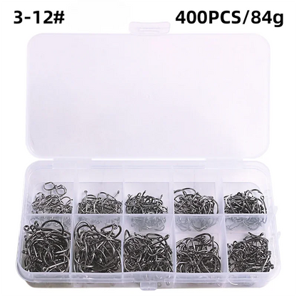High-Carbon Steel Fishing Hooks Set – 50 to 1600pcs Barbed Circle Hooks in Tackle Box (Sizes 3#–12#)