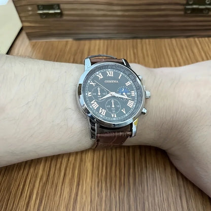 GENEVA Men's Fashion Quartz Watch – Waterproof Business Sport Wristwatch with Leather Strap