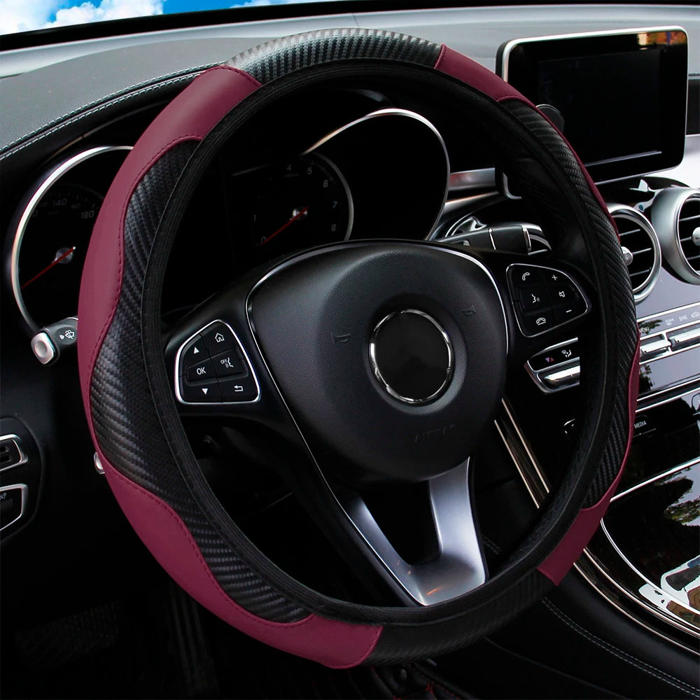 PU Carbon Fiber Leather Steering Wheel Cover – Fits 14.5–15 Inch Cars, Durable Automotive Accessory