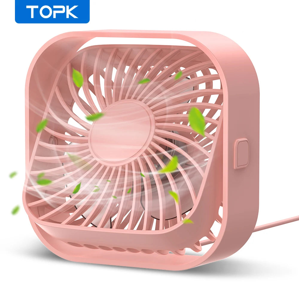 TOPK Mini Portable USB Desk Fan – Quiet 3-Speed Table Fan with Strong Airflow, 360° Rotation for Home, Office & Bedroom
