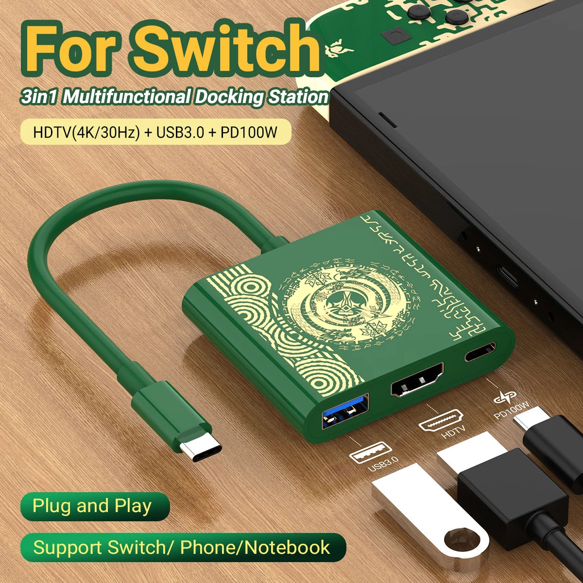 3-in-1 USB C to HDMI 4K HUB Type C Adapter Thunderbolt 3/4 100W PD USB 3.0 Docking Station for Switch MacBook Laptop Phone
