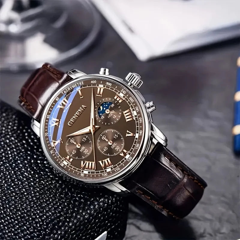GENEVA Men's Fashion Quartz Watch – Waterproof Business Sport Wristwatch with Leather Strap