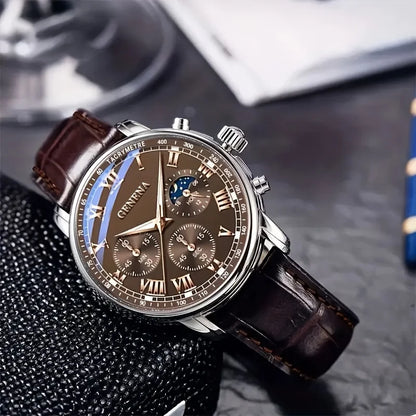 GENEVA Men's Fashion Quartz Watch – Waterproof Business Sport Wristwatch with Leather Strap