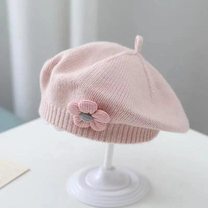 Flower Baby Beret Hat – Winter Warm Knitted Beanie Cap for Infant Girls