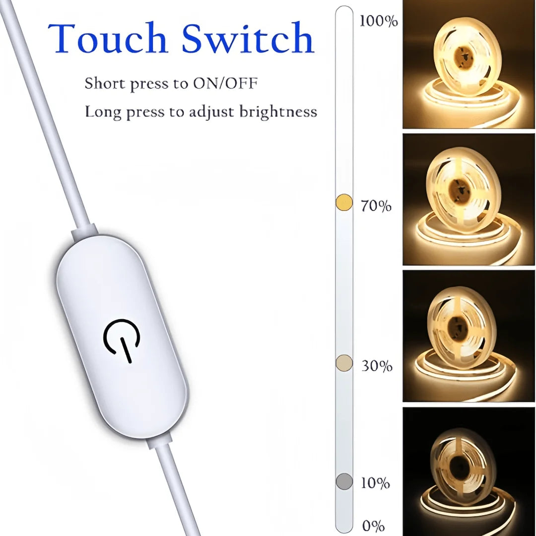 LED COB Light Strip Touch Dimmer – Flexible 5V USB Diode Tape for Indoor Room, TV, Mirror & Wall Backlight