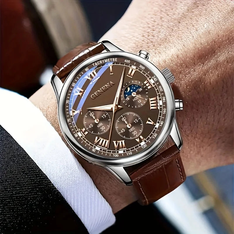 GENEVA Men's Fashion Quartz Watch – Waterproof Business Sport Wristwatch with Leather Strap