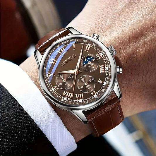 GENEVA Men's Fashion Quartz Watch – Waterproof Business Sport Wristwatch with Leather Strap
