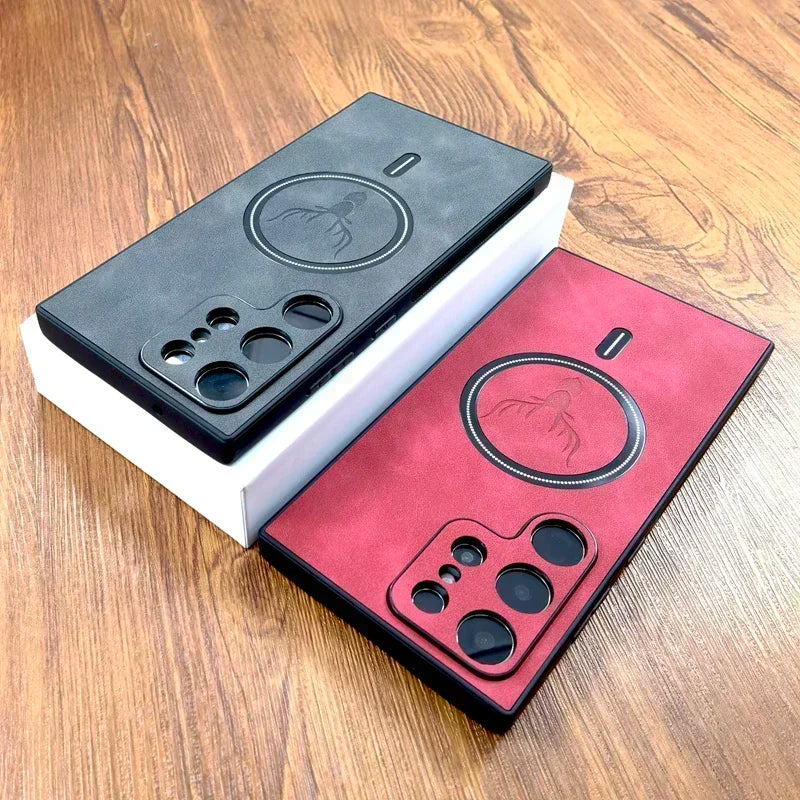 Vintage PU Leather MagSafe Case – Wireless Charging Compatible Cover for Samsung Galaxy S25 S24 S23 S22 S21 Ultra Plus FE Note 20