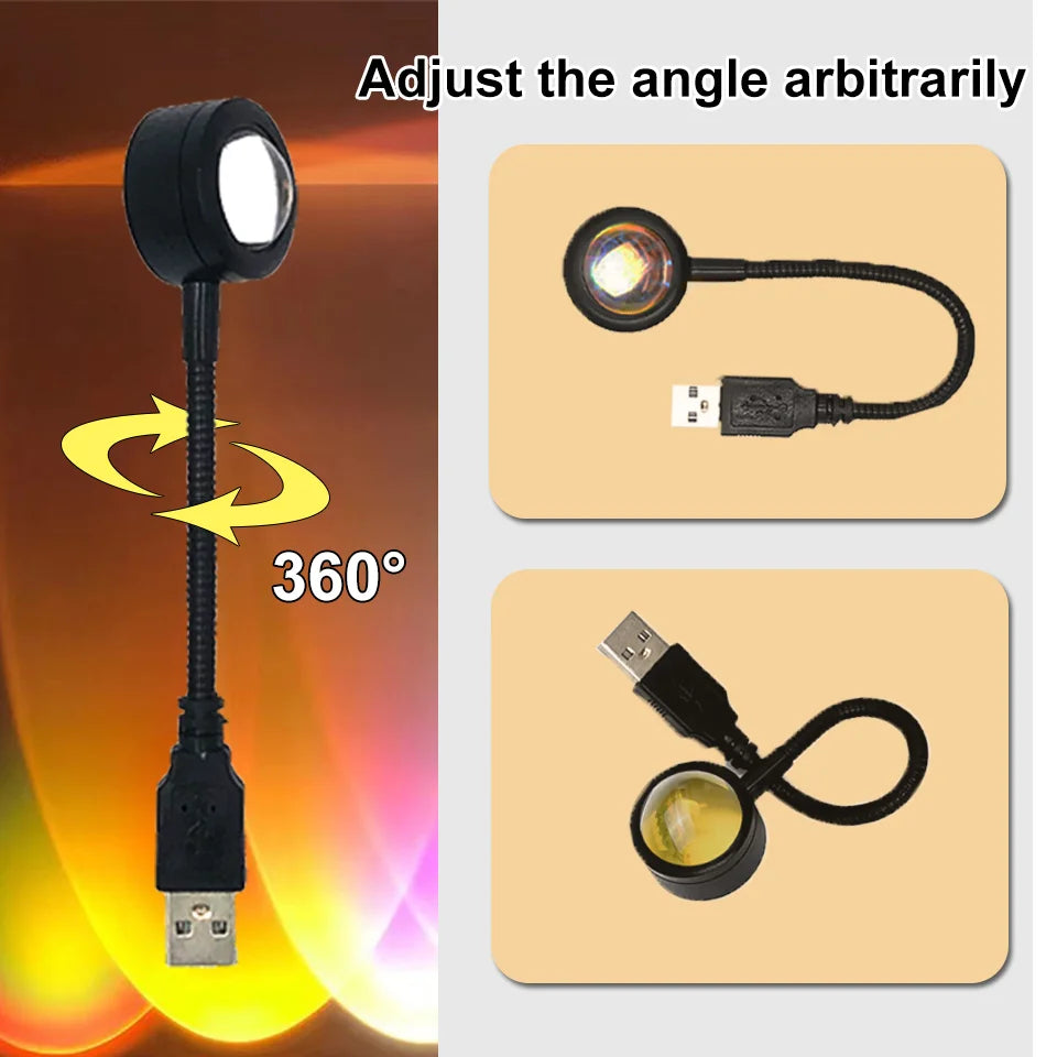 USB Sunset Lamp LED Rainbow Neon Night Light – Adjustable 13-Mode USB Projector for Bedroom & Photography Decor
