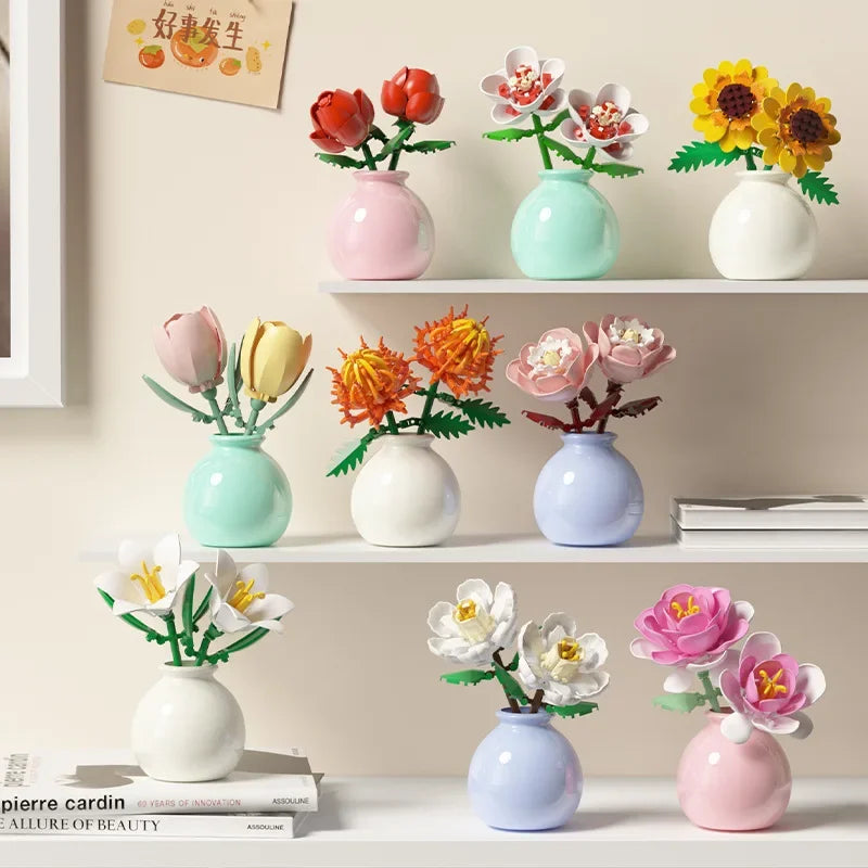 Flower Building Block Set with Pot – DIY Bouquet Kit with Roses, Lilies & Decorative Display Vase
