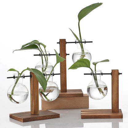 Glass Planter Bulb Vase with Wooden Stand – Desktop Hydroponic Plant Holder for Home & Office