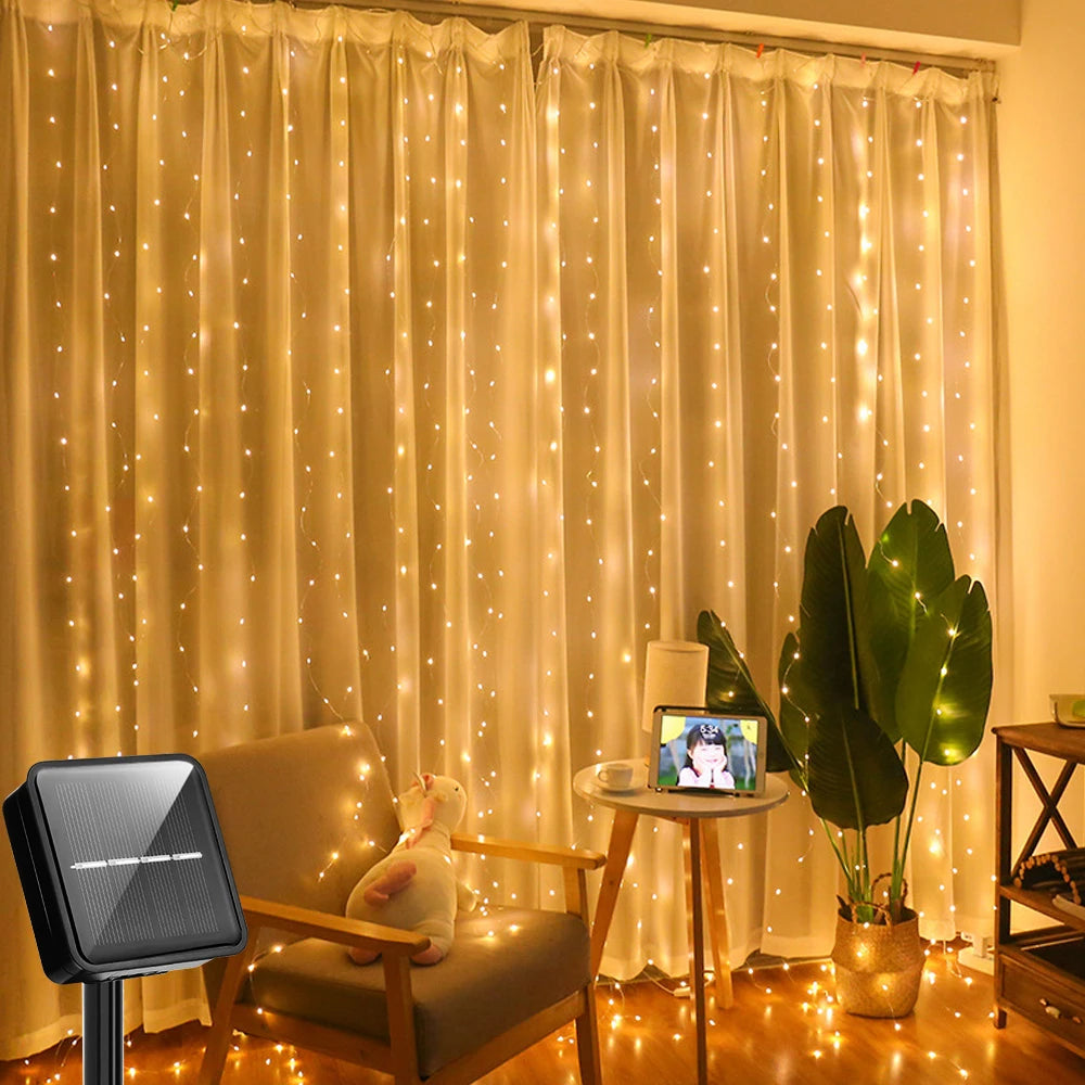Solar Curtain Light LED Outdoor Waterproof – 300 LEDs Fairy Garland String Lights for Yard, Wedding & Party Decoration