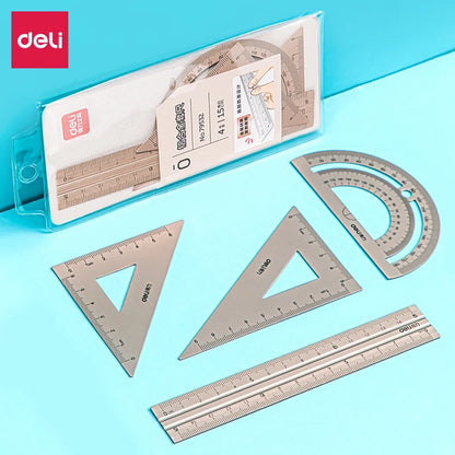 DELI Aluminum Drafting Set – 4-Piece Ruler Set with Protractor and Triangle
