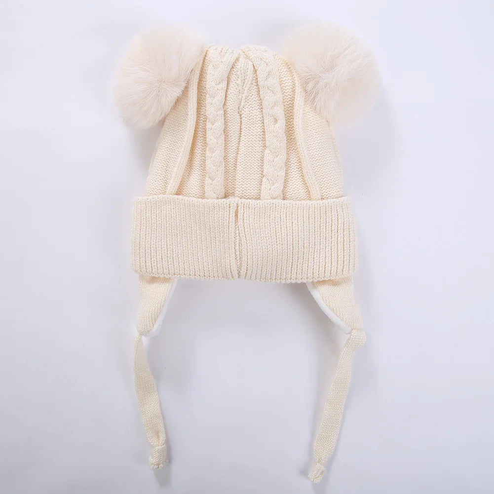 Bear Knit Winter Hat – Warm Baby Earmuff Cap with Pompoms & Cotton Lining