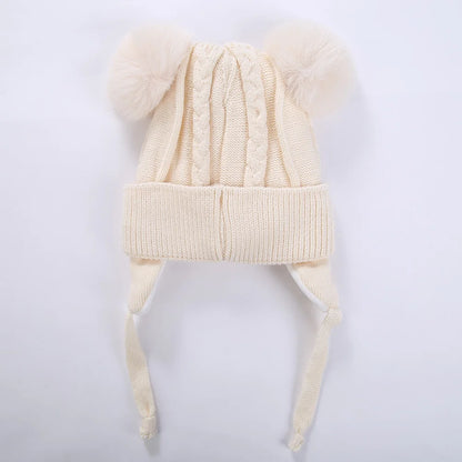 Bear Knit Winter Hat – Warm Baby Earmuff Cap with Pompoms & Cotton Lining