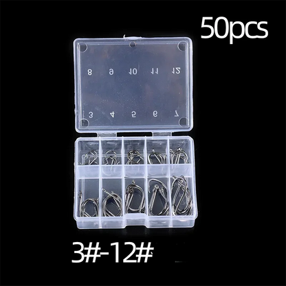 High-Carbon Steel Fishing Hooks Set – 50 to 1600pcs Barbed Circle Hooks in Tackle Box (Sizes 3#–12#)