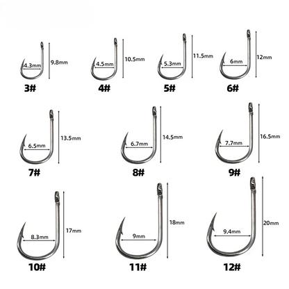 High-Carbon Steel Fishing Hooks Set – 50 to 1600pcs Barbed Circle Hooks in Tackle Box (Sizes 3#–12#)