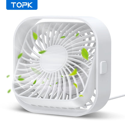 TOPK Mini Portable USB Desk Fan – Quiet 3-Speed Table Fan with Strong Airflow, 360° Rotation for Home, Office & Bedroom