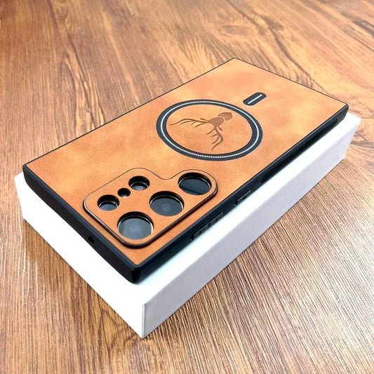 Vintage PU Leather MagSafe Case – Wireless Charging Compatible Cover for Samsung Galaxy S25 S24 S23 S22 S21 Ultra Plus FE Note 20