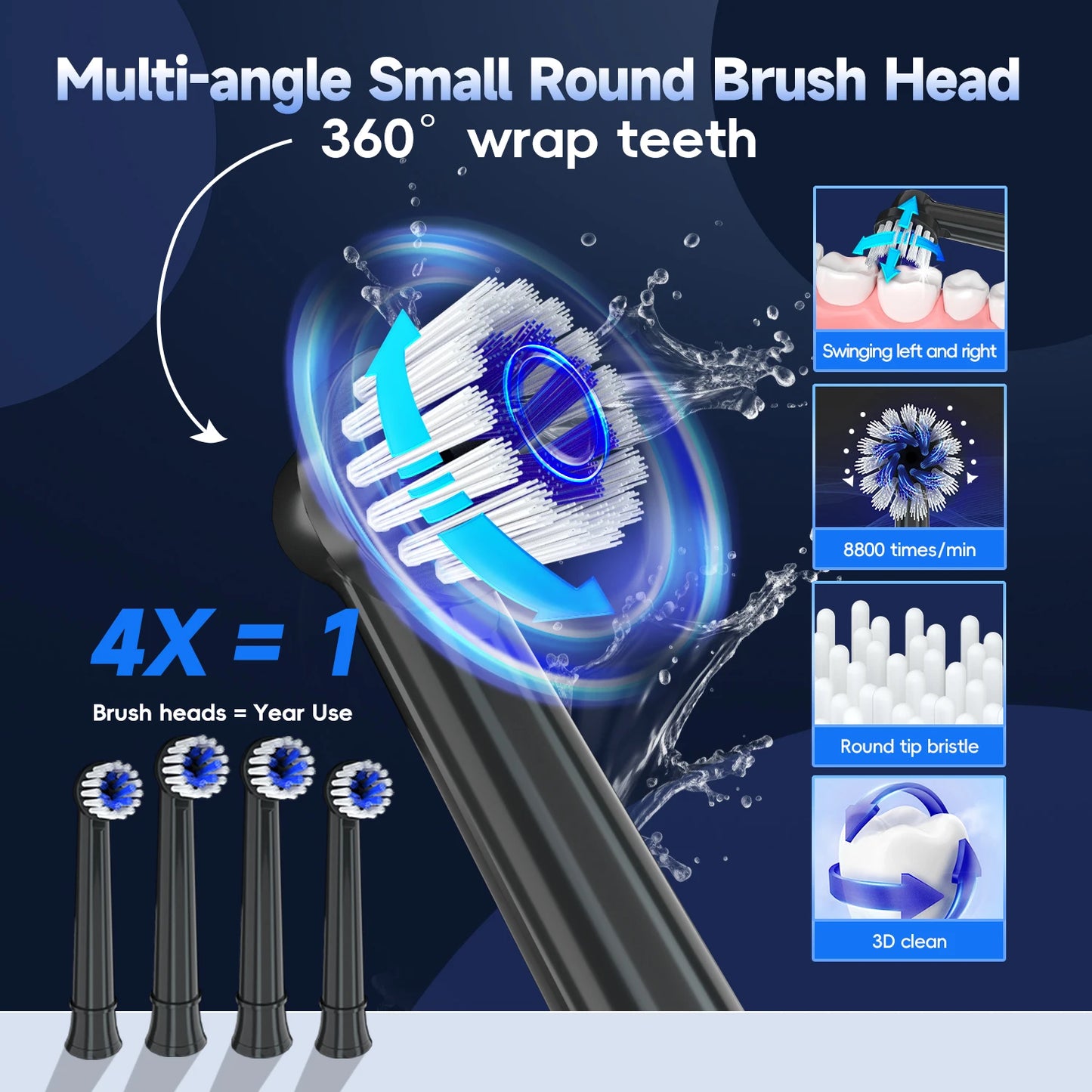 Rechargeable Electric Toothbrush – T37 Sonic Toothbrush for Adults with 4 Brush Heads & 3 Cleaning Modes
