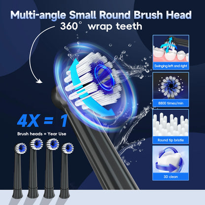 Rechargeable Electric Toothbrush – T37 Sonic Toothbrush for Adults with 4 Brush Heads & 3 Cleaning Modes
