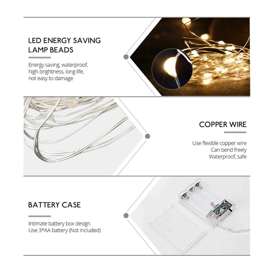 Copper Wire LED Tinsel Garland Battery Powered Fairy String Lights – 2M to 10M Waterproof Holiday Christmas Wedding Party Decor