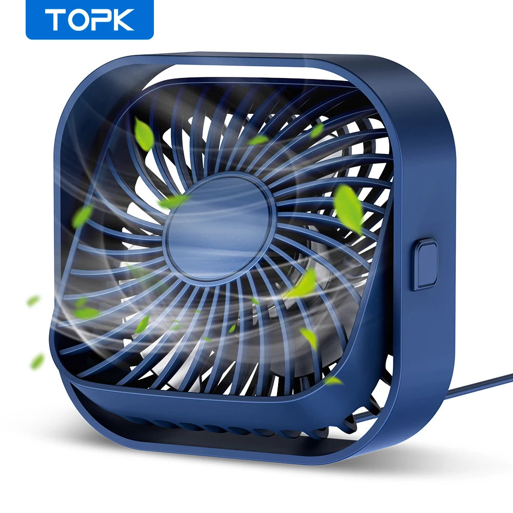 TOPK Mini Portable USB Desk Fan – Quiet 3-Speed Table Fan with Strong Airflow, 360° Rotation for Home, Office & Bedroom